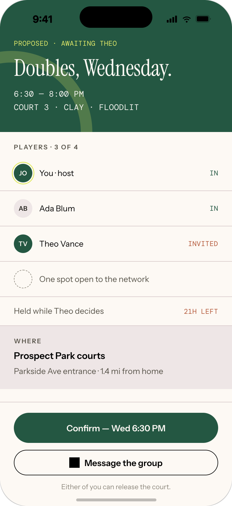 Open Set match detail with court held and confirmation
