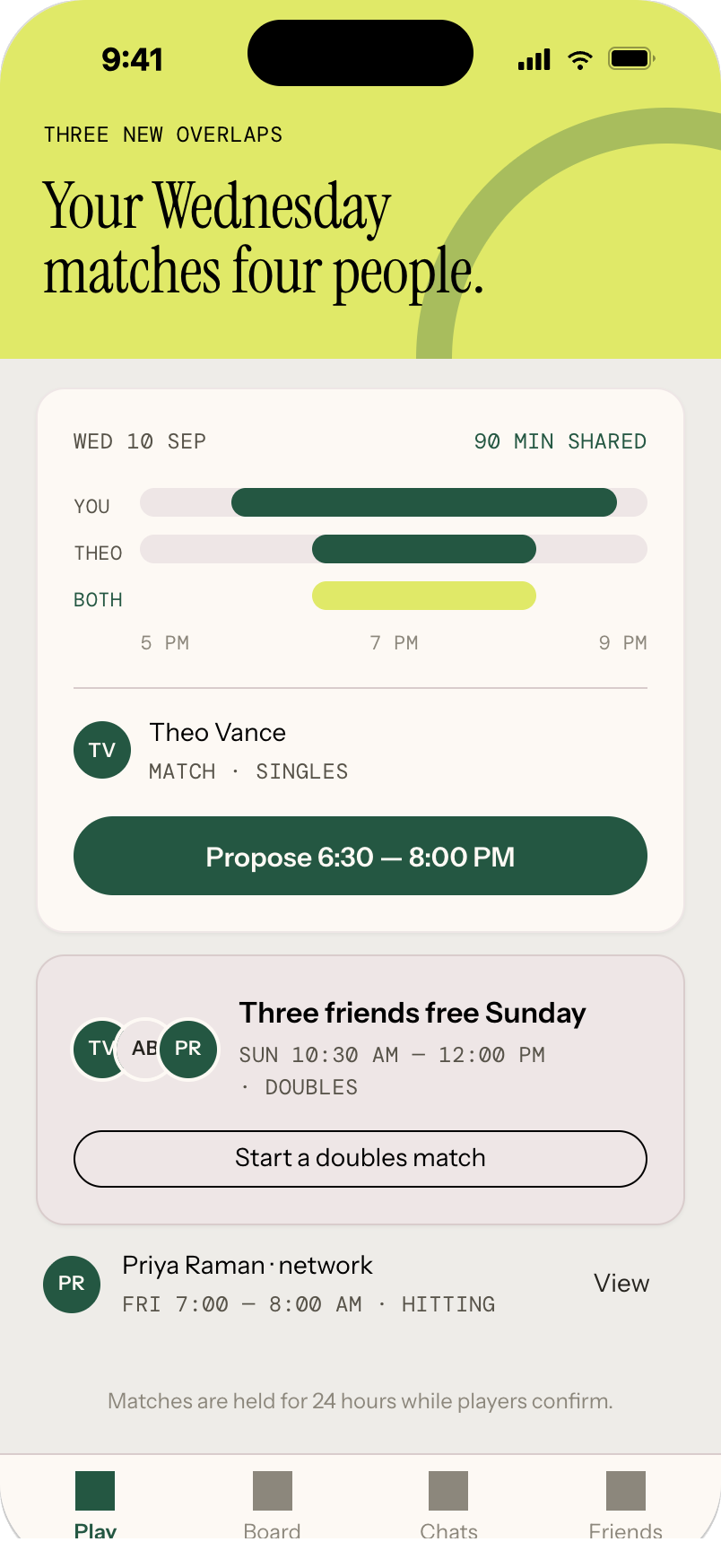 Open Set overlap feed showing shared availability with Theo