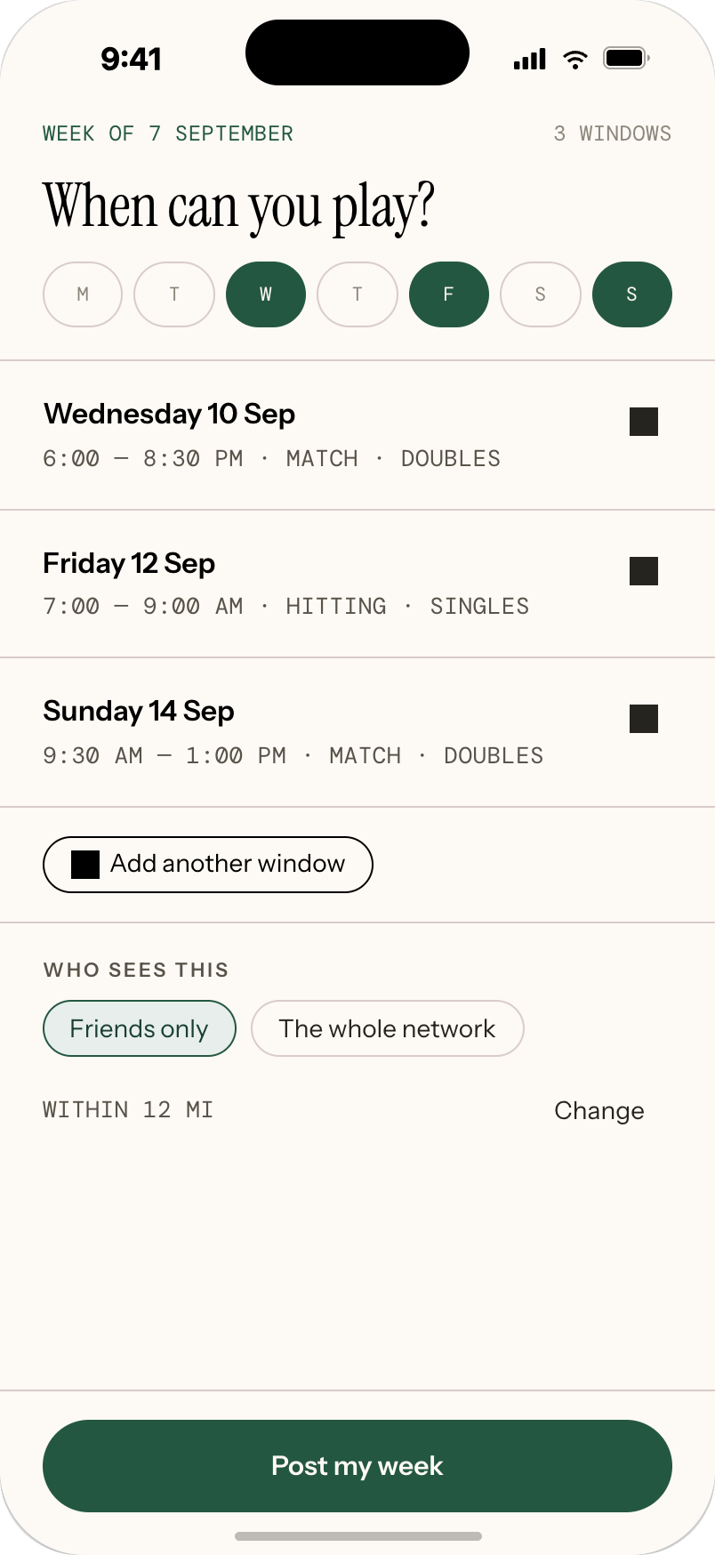 Open Set: posting your available windows for the week